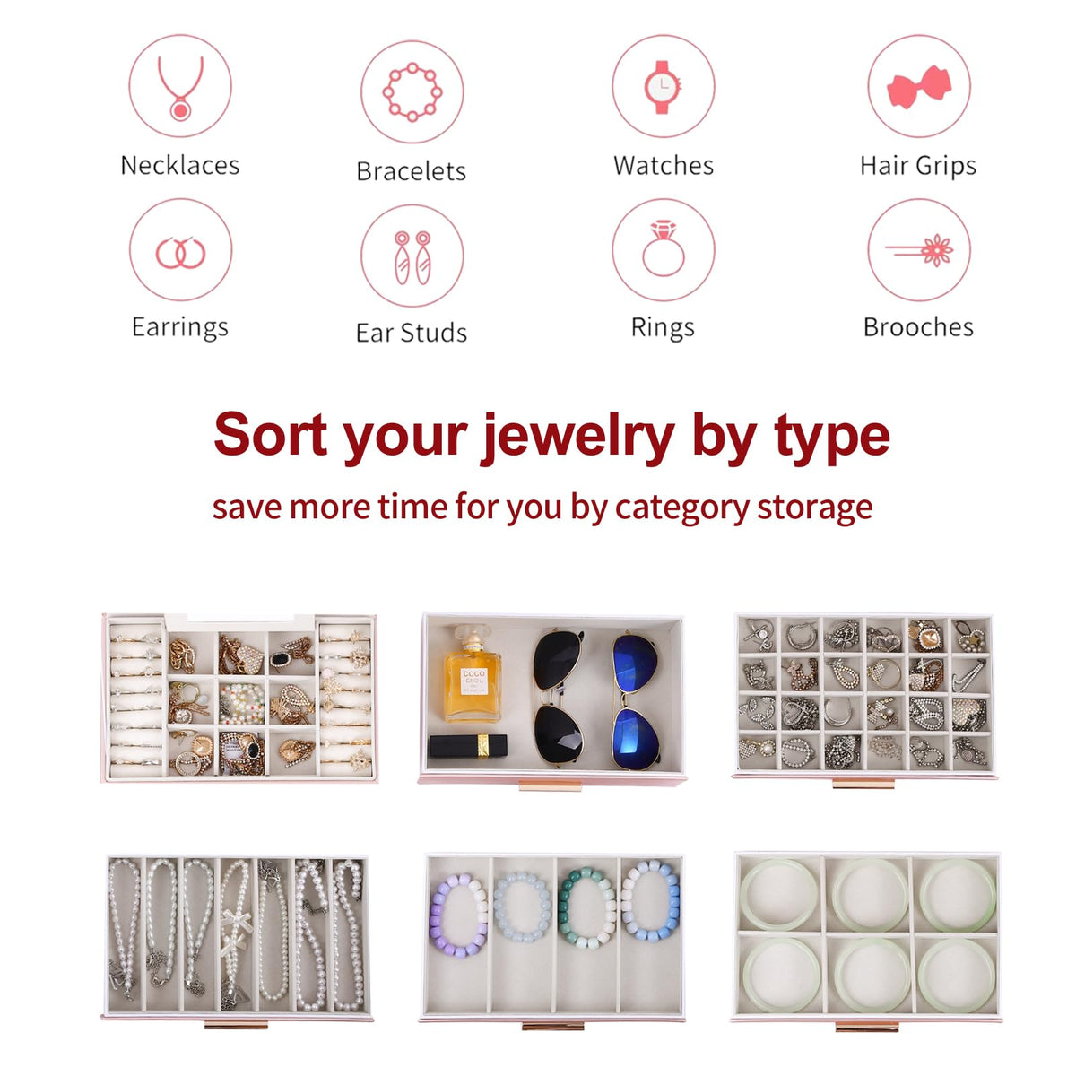 BOOVO Jewelry Boxes for Women, White and Black 6 Layer Large Jewelry Box for Necklace, Bracelet, Earrings, Rings Storage, Jewelry holder Organizer for Girls Gift (Rose gold, 6 layer)