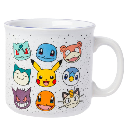 Silver Buffalo Pokemon Bulbasaur, Squirtle, Slowpoke, Snorlax, Pikachu, Piplup, Haunter, Charmander, and Meowth Camper Mug, 20 Ounces