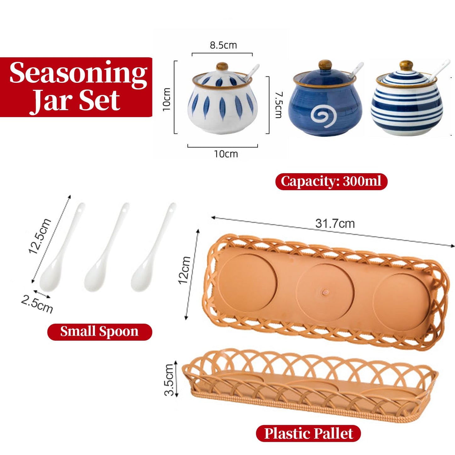 Orkim Kitchen Ceramic Condiment Jars with Lids and Spoons, 3 Piece Porcelain Seasoning Jar Set for Salt Spice Pepper Suger Bowl, Coffee Tea Container Pot with Serving Tray - Japanese Style