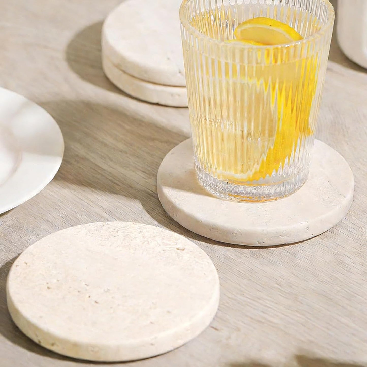 Huazzzyi Beige Travertine Coasters Set of 4 – Natural Absorbent Round Stone Coasters with Storage Rack, Handmade Marble Coasters for Coffee Bar, Dining Table, Housewarming Gift
