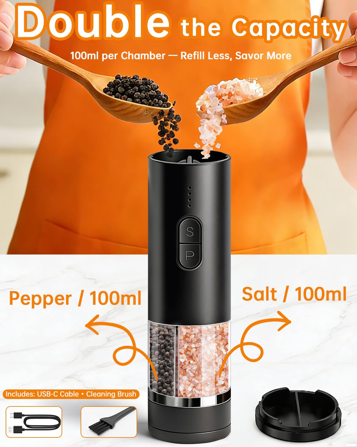 Aotto 2-in-1 Electric Salt and Pepper Grinder Set, USB-C Rechargeable Automatic Mill with LED Light, One-Handed Operation, Adjustable Coarseness