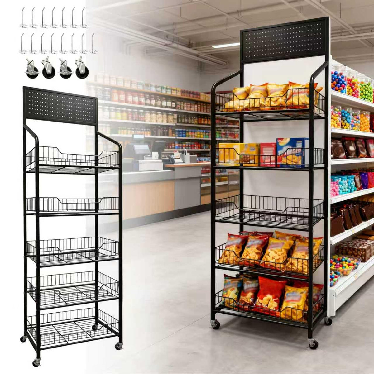 5 Tier Retail Candy Display Rack Metal Storage Shelf with Wheels & 15 Hooks Concession Candy Snack Display Racks Sturdy and Stable Chip Shelf Rack for Stores, Kitchen, Office (Black, 19.7*10.6*65 in)