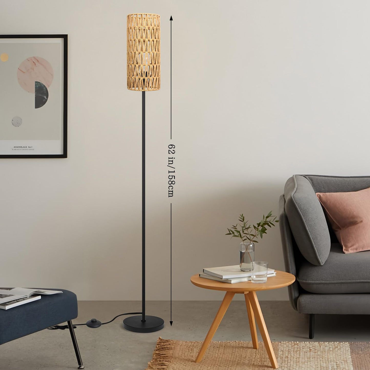 Ruiever Floor Lamp for Living Room,Farmhouse Rattan Floor lamp,Modern Standing lamp with Hand-Worked Rattan Shade,Black Tall Lamp with Foot Switch for Bedroom,Kids Room,Office,LED Bulb is Included.