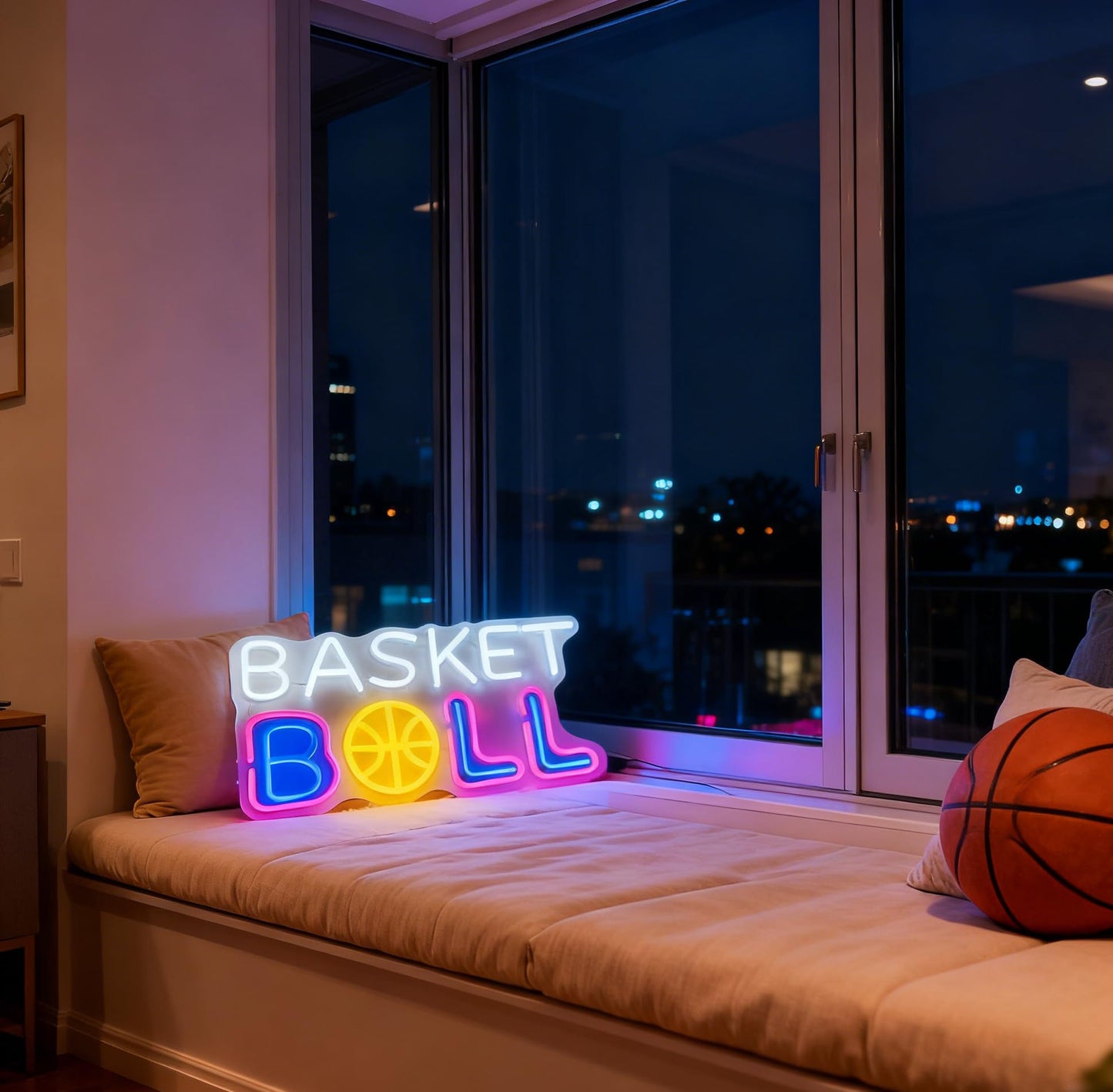 Basketball LED Neon Sign, Sports Theme Light Up Neon Sign, Teen Bedroom Game Room Home Wall Table Decor, Basketball Fan Birthday Party Gift, USB Powered Decorative Light 16.5 x 9.8 In