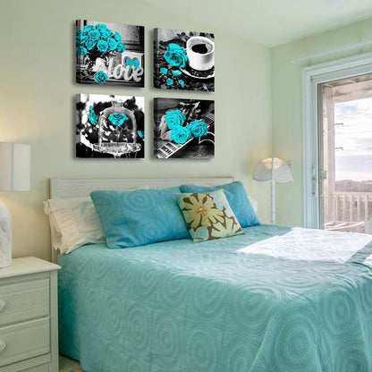 Teal Rose Wall Art Bedroom Decor Canvas Print Turquoise Flowers Pictures for Living Room Kitchen Accessories Artwork Framed 12" W x 12" H 4 Pieces