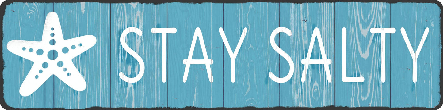 Stay Salty Sign - Coastal Metal Wall Decor - Rustic Beach House, Bathroom and Classroom Art with Starfish Motif - Summer Nautical Gift for Beach Lovers, 4x16 Inch
