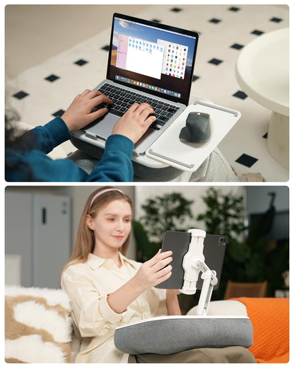 Viozon Kindle Pillow Stand Holder, Phone Holder for Bed, Laptop Lap Desk with Mouse Pad,Compatible with 4.7-13" Kindle/Tablet/Phone,10-15" Laptop, Snack Bowl&Cup Attachment&Detachable 360°Stand Arm