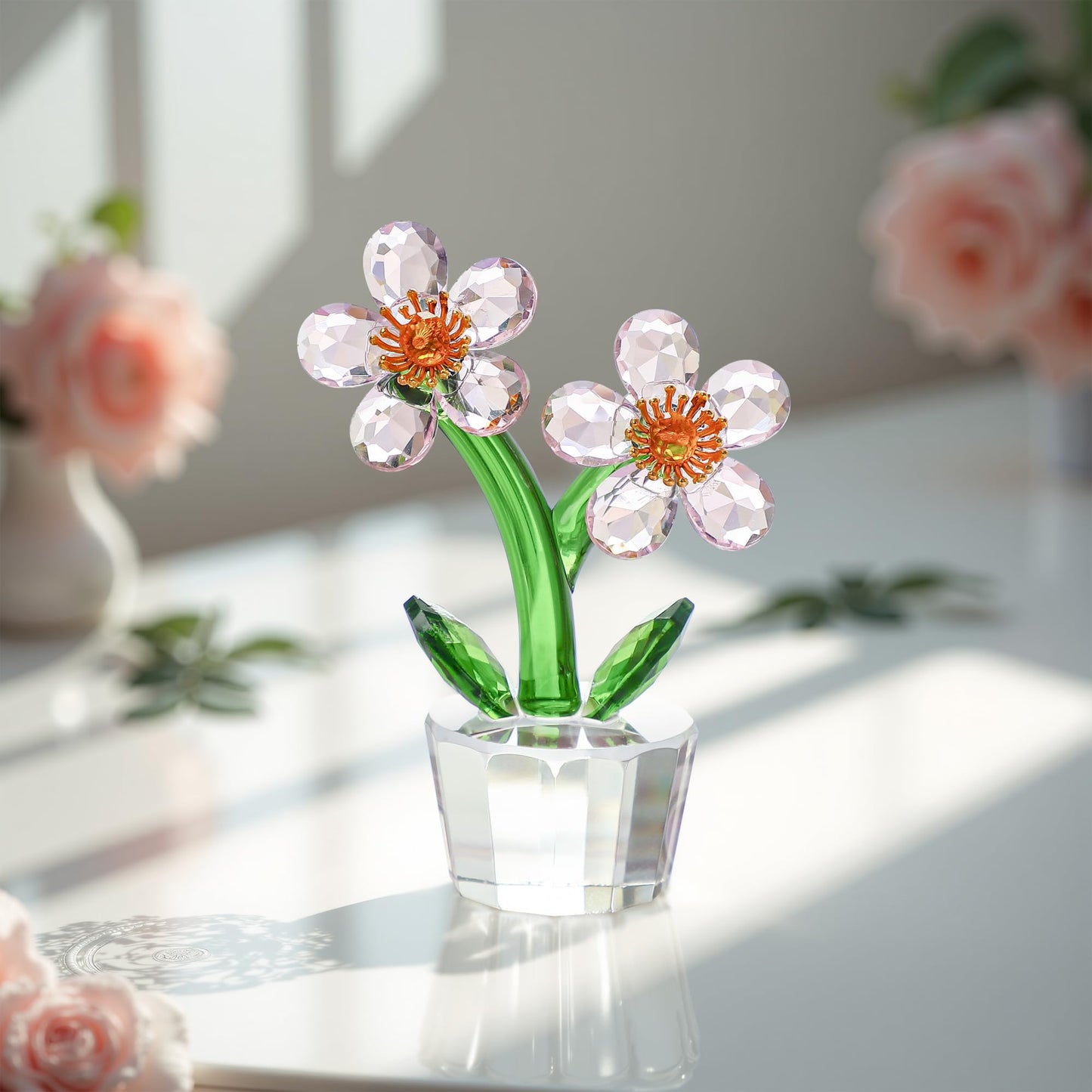 KRISININE Pink Crystal Peach Blossom Flower Figurine 3.9‘’*2.9‘’ Elegant Tabletop Flower Ornament Collectible Home Decor Centerpiece
