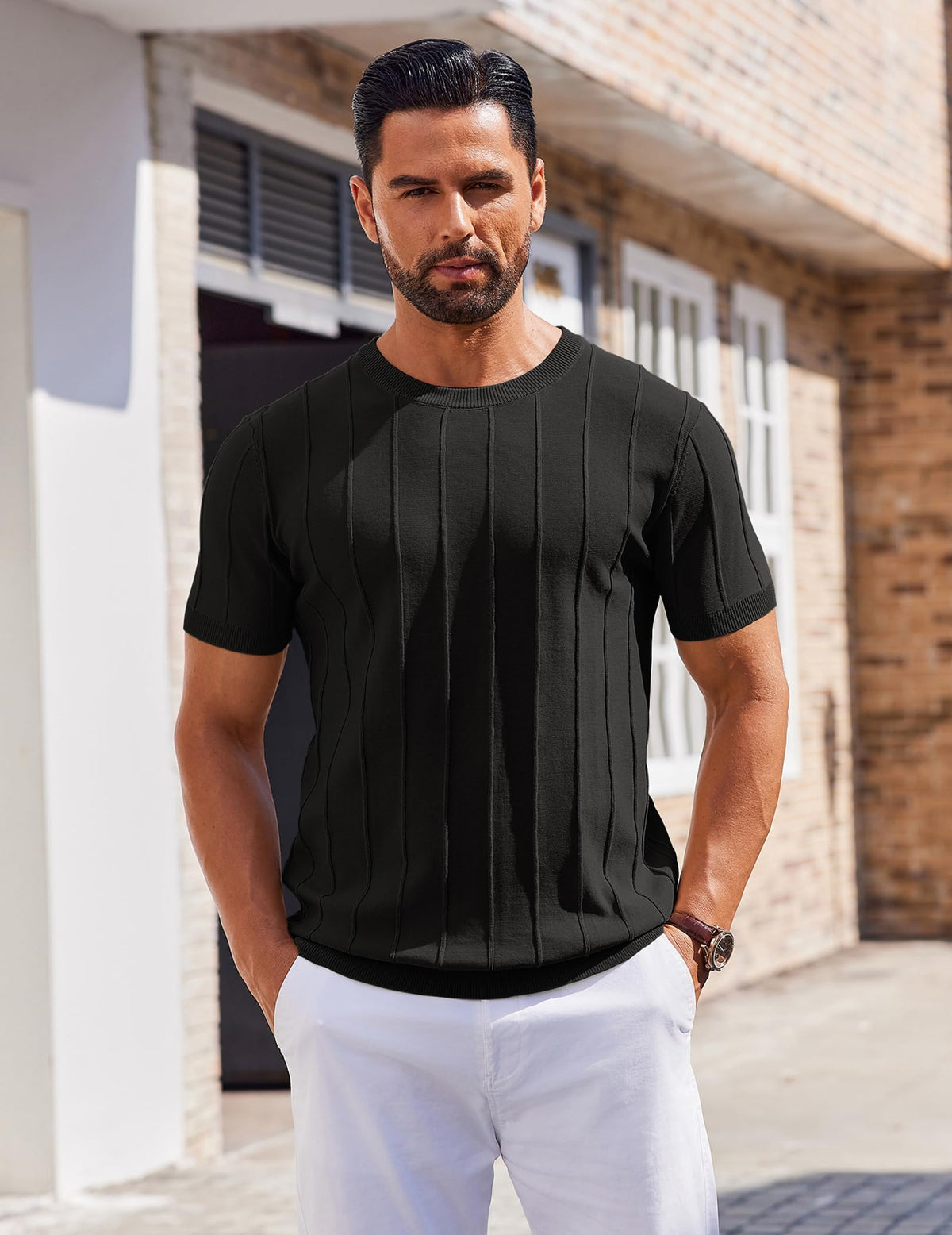 COOFANDY Mens Knit Shirt Casual Short Sleeve Crew Neck T Shirts Ribbed Summer Shirts Slim Fit Black