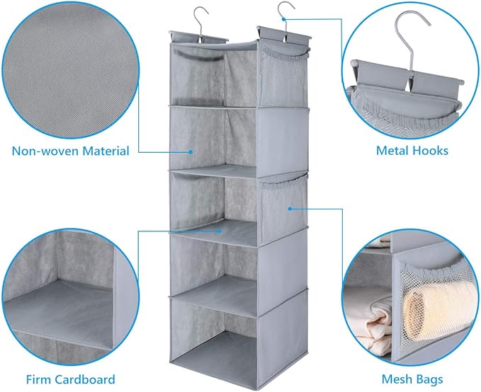 MAX Houser 5 Shelf Hanging Closet Organizer, Space Saver, Closet Hanging Shelves