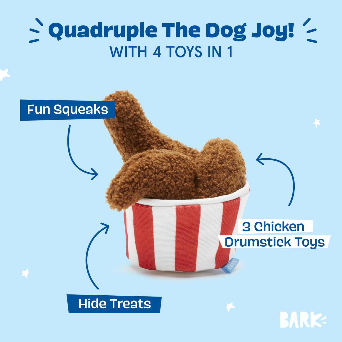 Barkbox 2 in 1 Interactive Plush Dog Toy - Rip and Reveal Dog Toy for Medium, & Large Dogs - Stimulating Squeaky Pet Enrichment and Puppy Toys | Bucket o’Fried Licken