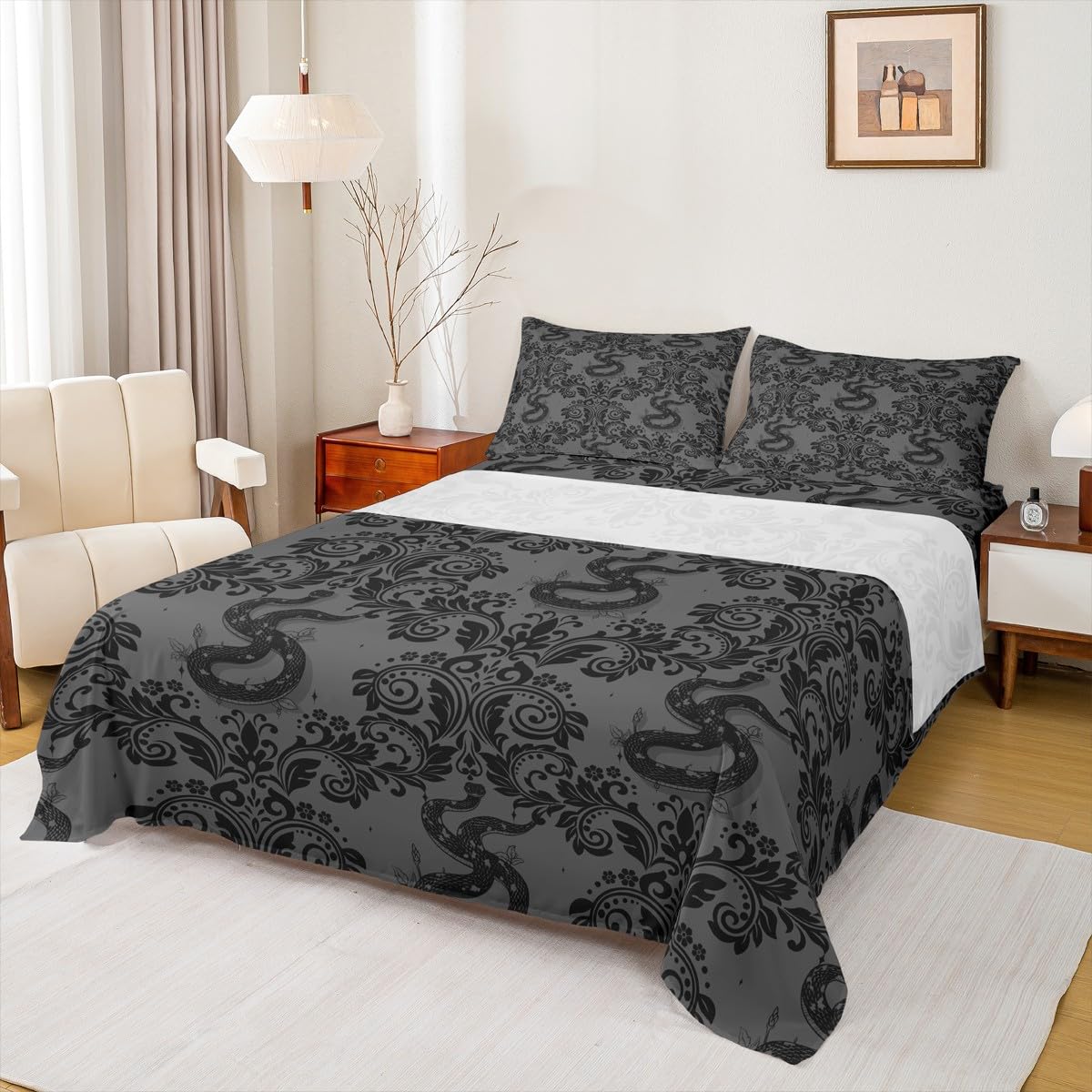 Feelyou Adults Gothic Bed Sheets Sets Full Size Kids Boys Girls Dark Olive Green Damask Print Bedding Set Snake Bed Sheet Set with 16-Inch Deep Pockets 4Pcs with 2 Pillow Cases