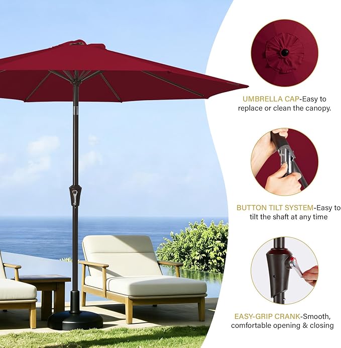 MEWAY 9ft Patio Umbrella Outdoor Table Umbrellas with Push Tilt and Crank, Market Umbrella 8 Sturdy Ribs for Deck, Garden, Pool and Backyard, Cherry Red