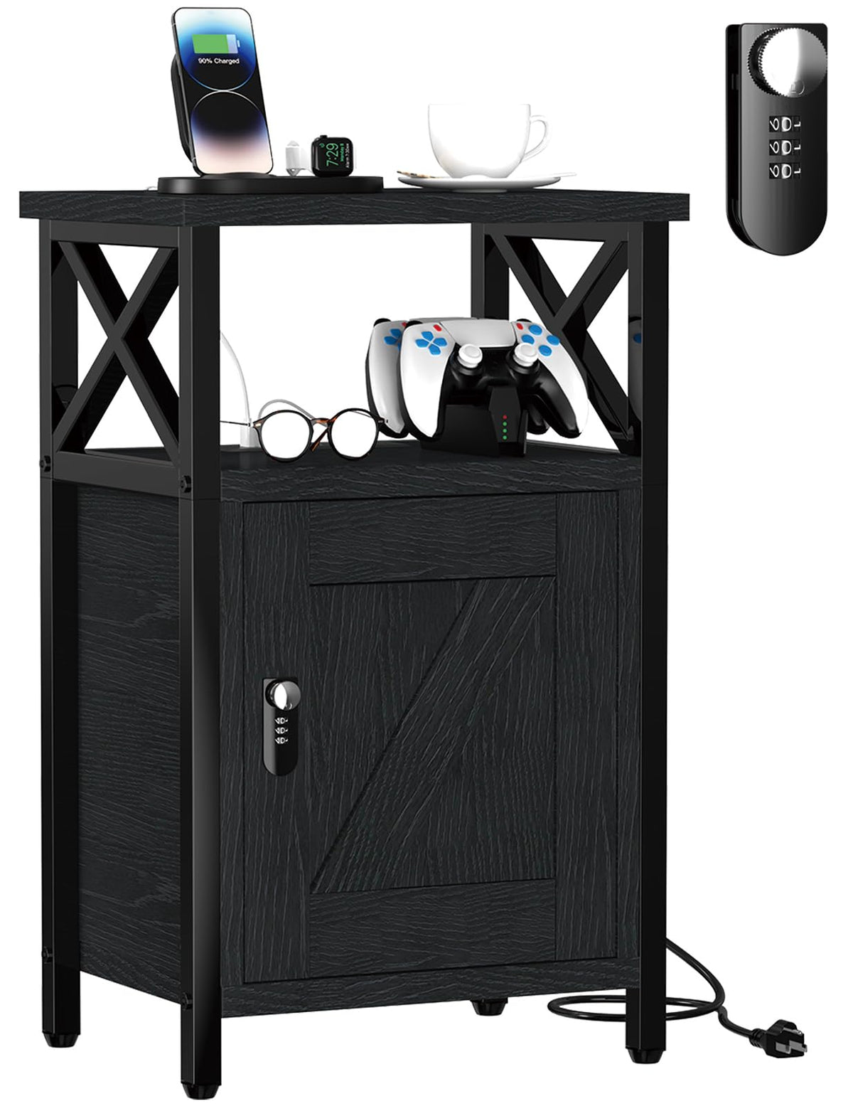 runjuly Wooden Nightstand with Charging Station, Bed Side Table with Drawers, Bedside Table with Lock, 3 USB & 2 Outlets, Night Stand with Cabinet Storage, End Table for Bedroom, Black