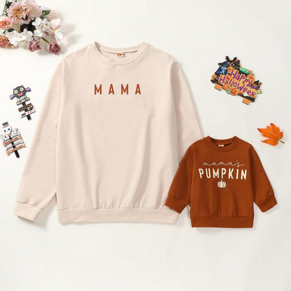 Karwuiio Mommy and Me Family Matching Outfits Halloween Pumpkin Print Sweatshirt Long Sleeve Pullover Tops (Women, XL, Beige Brown)