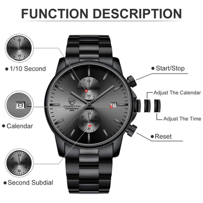 Men's Watches with Casual Waterproof Chronograph Quartz Watch Stainless Steel Metal Auto Date in Colourful Hands, B Grey, B grau, Bracelet