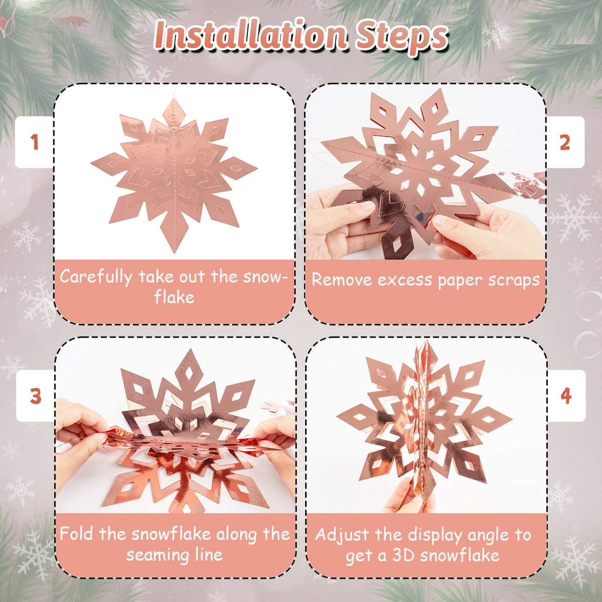 OuMuaMua Winter Christmas Snowflake Decorations Indoor, 24PCS 3D Silver Rose Gold Snowflakes Christmas Hanging Ornaments for Home Xmas Christmas Holiday Winter Wonderland New Year Party Decor Supplies