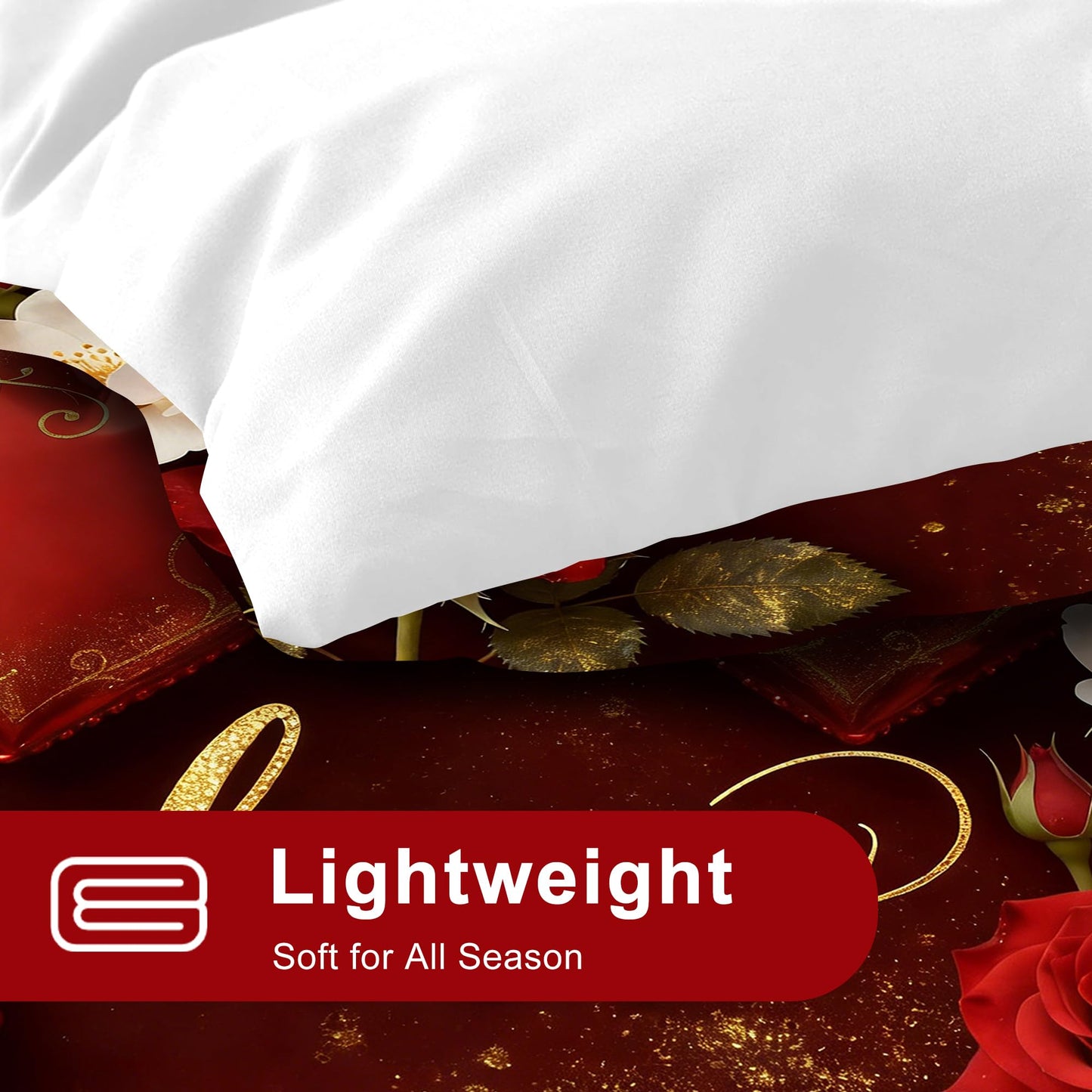 VTKON Love Heart Bedding Set Queen Size 3 Piece Romantic Red Rose Comforter Set for Women Golden Glitter Love Bed Sets Valentine's Day Duvet with 1 Comforter 2 Pillow Cases