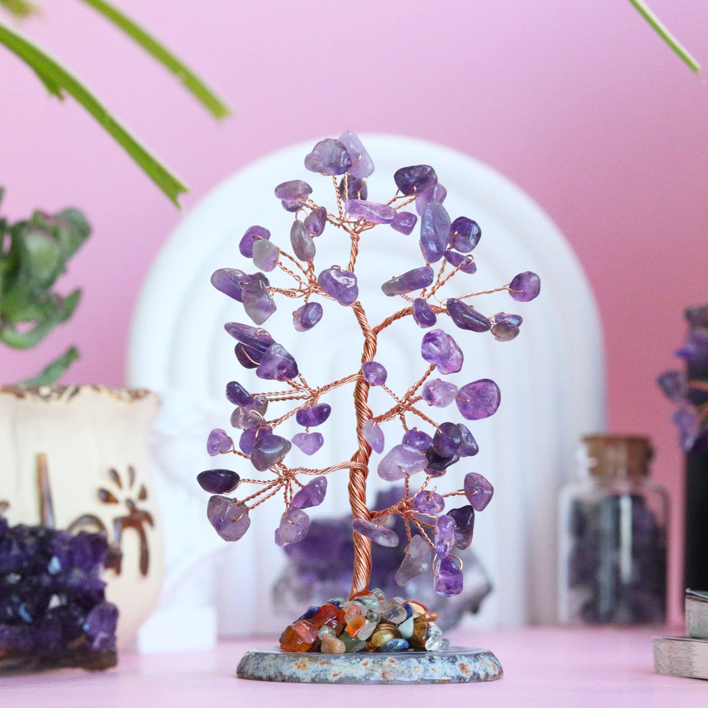Amethyst Healing Crystal Tree of Life Natural Gemstone Agate Slice Base Copper Wire Wrapped Money Trees Feng Shui Reiki Spiritual Energy Decorations Home Office Room Desk Decor Gifts for Women Men