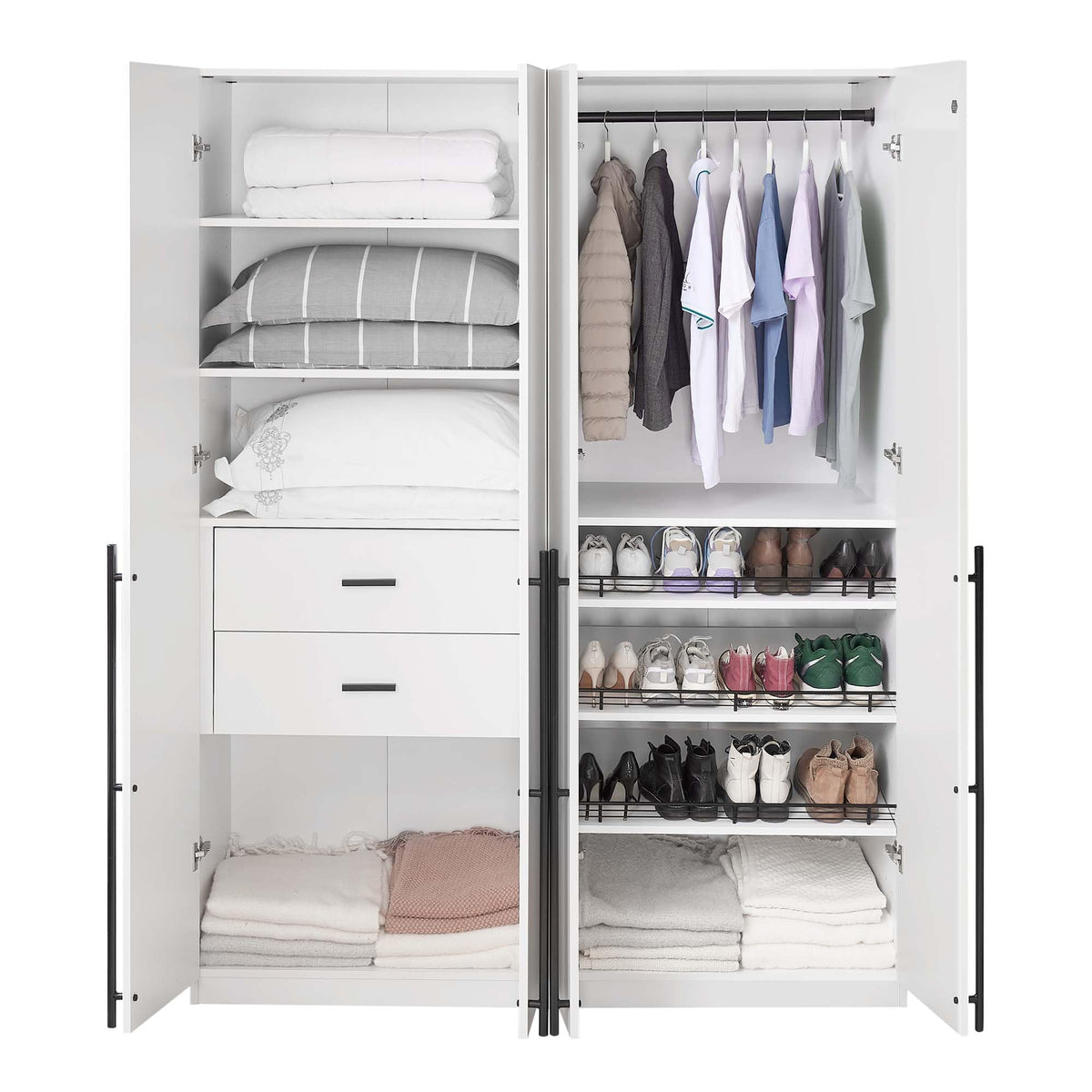 Manhattan Comfort Lee Freestanding Closet | Space-Saving Storage Cabinet with 4 Shelves, 1 Hanging Rod, 2 Drawers, 3 Shoe Shelves & 1 Large Storage Area | No Tool Assembly, 2 Piece Set, White