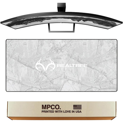 MPCO. Real Tree Large Gaming Desk Pad - 36" x 17" Duraglyde Fabric Edge Snow White – with Logo Desk Mats - Non-Slip, Washable, Smooth Glide for Precision Gaming & Work
