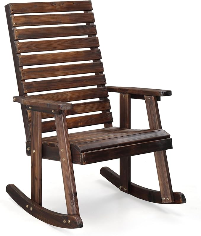 VINGLI Wooden Rocking Chair with High Backrest, Solid Fir Wood, Heavy Duty 600 LBS Patio Rockers for Indoor and Outdoor, Garden, Yard, Patio, Rustic