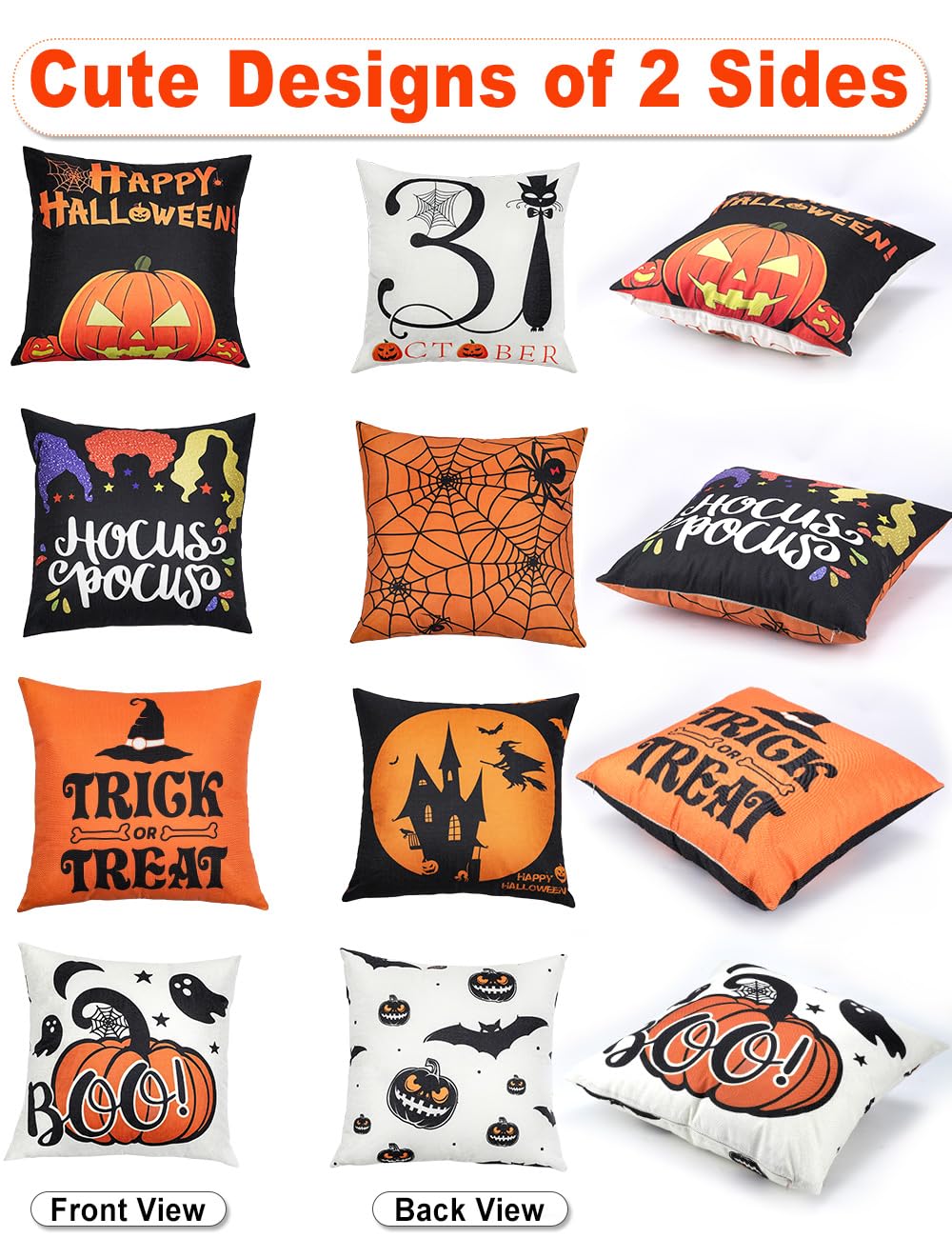 TOYPOPOR Halloween Decorations Double-Side Printing Pillow Covers 18'' x 18'' Set of 4, with 8 Cute Halloween Decor Patterns, Invisible Zipper, Durable Soft Linen Throw Pillow Covers Outdoor Indoor
