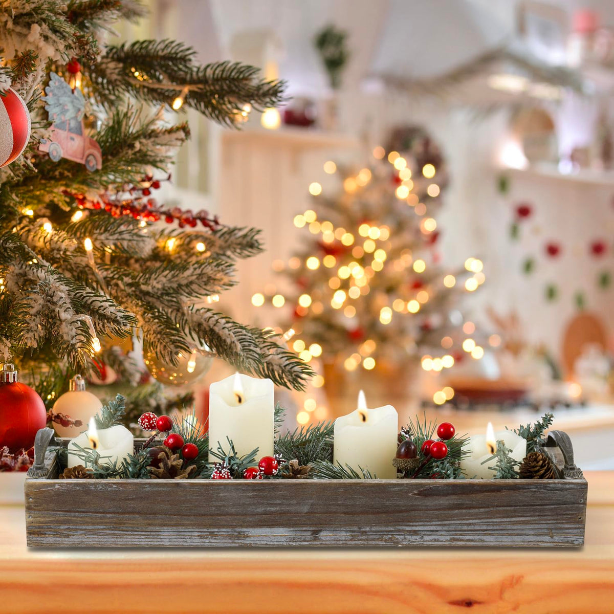MyGift 16 Inch Rustic Torched Solid Wood Butler Tray with Decorative Antique Metal Handles, Holiday Dining Table Centerpiece, Christmas Dinner Home Decor