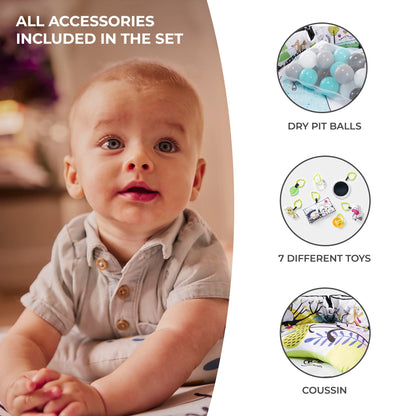 Kinderkraft Baby Playmat SMARTPLAY, Educational Mat, Activity Play Gym, with Ajustable Fitness Frame, Playpen Function, Accessories, Hanging Rattle, 5 Toys, 30 Balls, for Newborn, Suitable from Birth