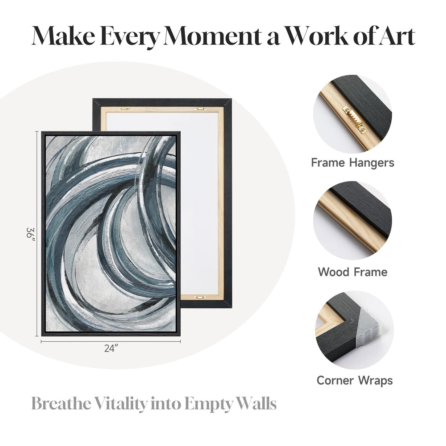 Framed Blue Gray Abstract Wall Art Set of 2, Modern Circle Line Canvas Artwork for Walls, Contemporary Abstract Paintings Prints for Living Room Bedroom Office Hallway Wall Decor, 24x36 In