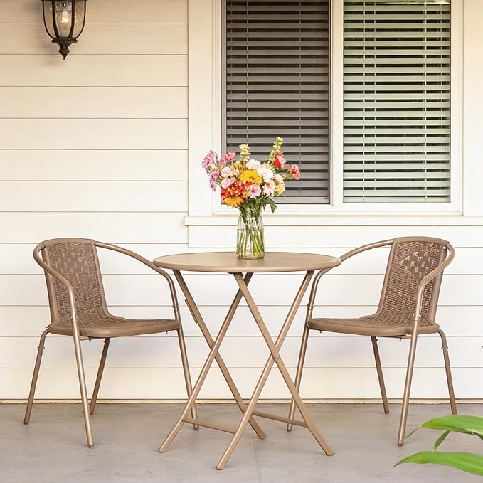 VINGLI PE Rattan Outdoor Dining Chairs Set of 2, Plastic Stackable Patio Chairs for Indoor, Porch, Restaurant, Garden,Champagne