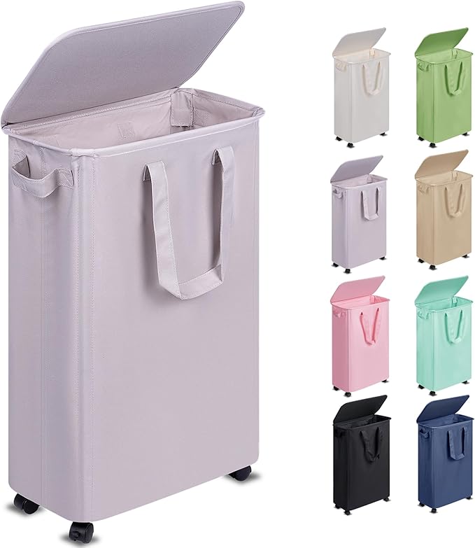 Slim Laundry Hamper with Lid and Wheels, Small Rolling Laundry Basket with