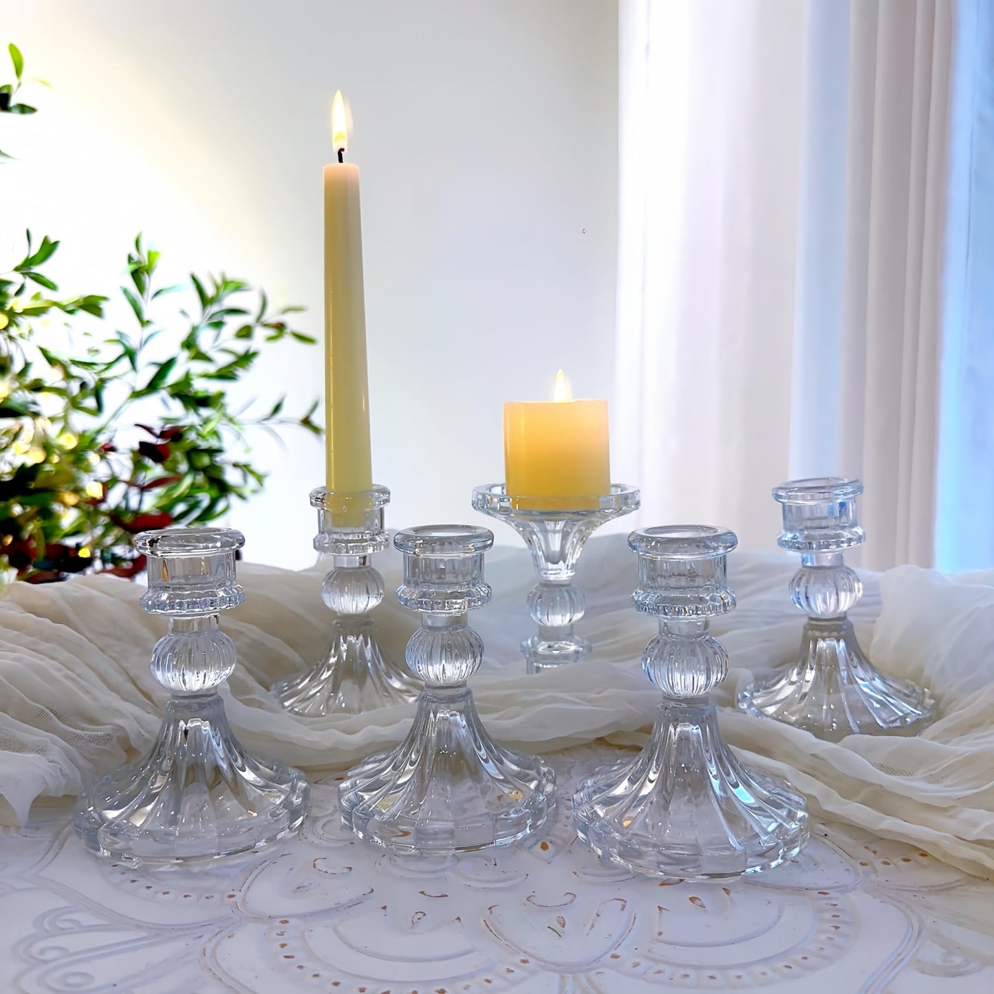 ECHFSM Glass Candlestick Holder,Striped Taper Candle Holders,Set of 6 Candle Stand for Table Centerpieces, Home Decor,Weddings,Festival and Parties (Clear Stripe Pattern)