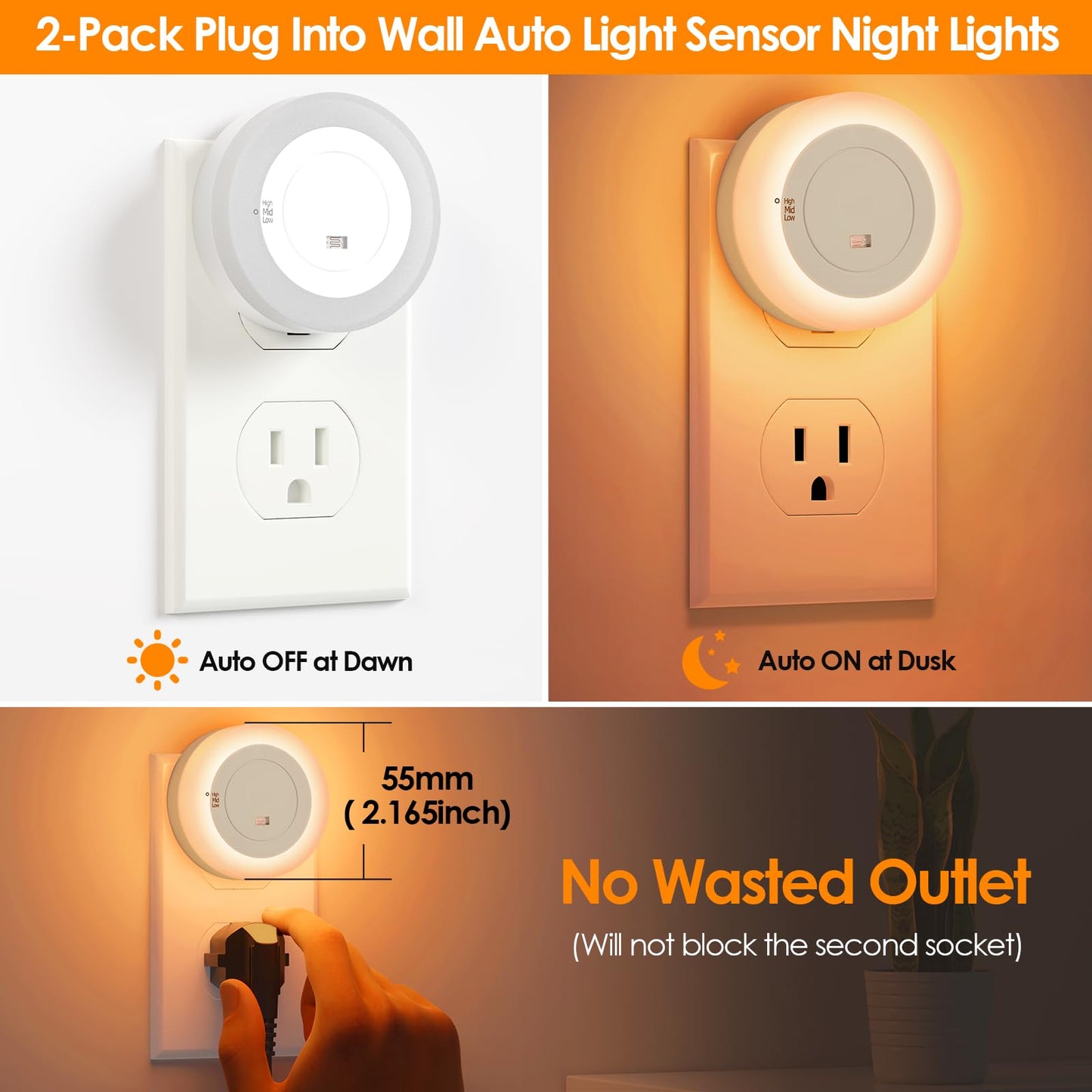 FOLKSMATE LED Night Lights Plug in, Dimmable Nightlight Plug Into Wall with Light Sensor, Soft White Adjustable for Adults, Bedroom, Bathroom, 2-Pack