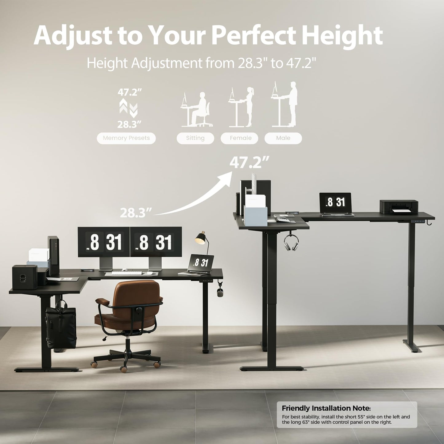 Agilestic Triple Motors 73" x 60" L Shaped Standing Desk, Electric Standing Desk Adjustable Height, Extra Large Desktop Corner Table for Home Office, Gaming Workstation, Splice Board, Black
