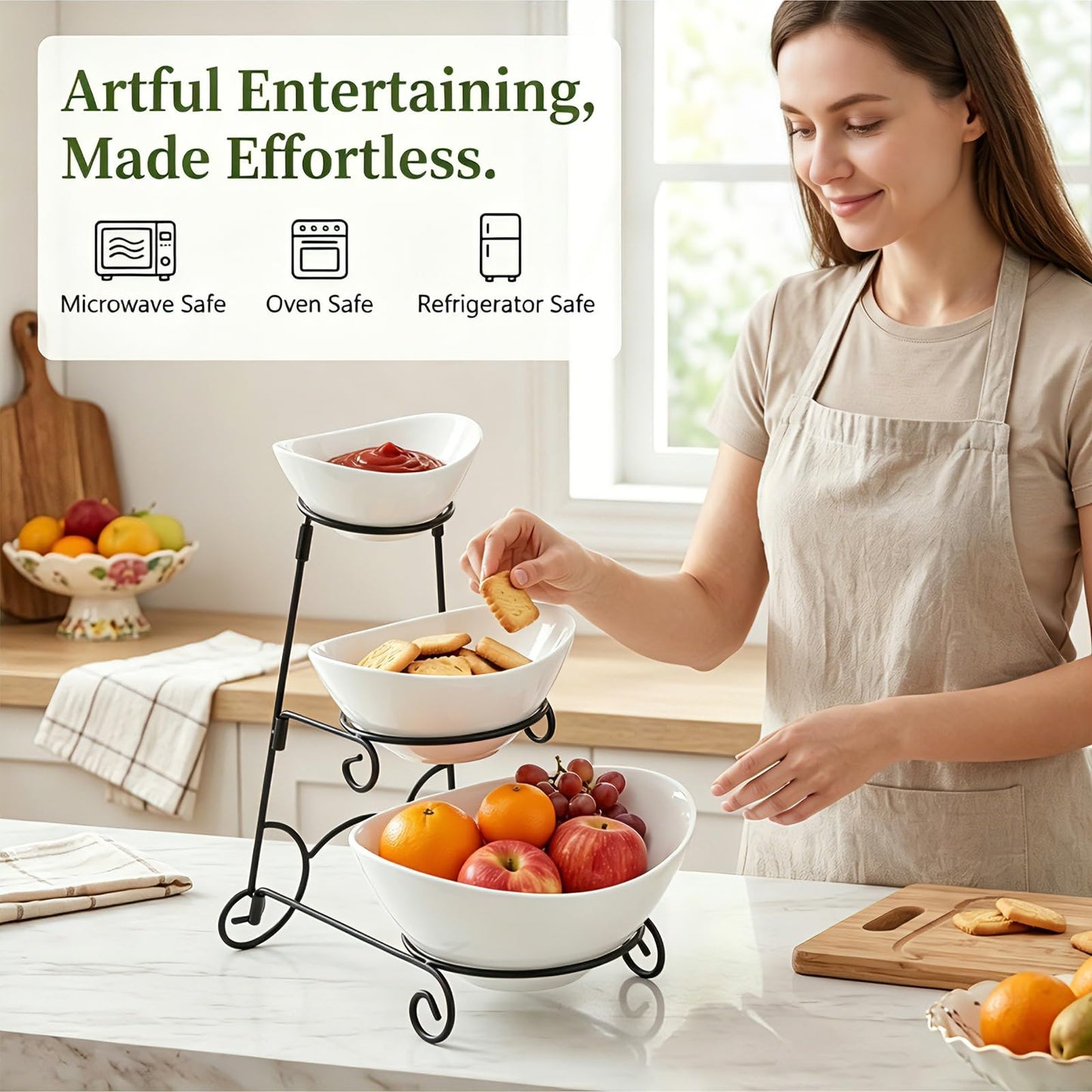 Covzoe Chip and Dip Serving Set, 3 Tiered Ceramic Serving Bowl Dishes with Collapsible Metal Rack, Appetizer Food Display Stand Platters for Fruit Dessert Party Entertaining