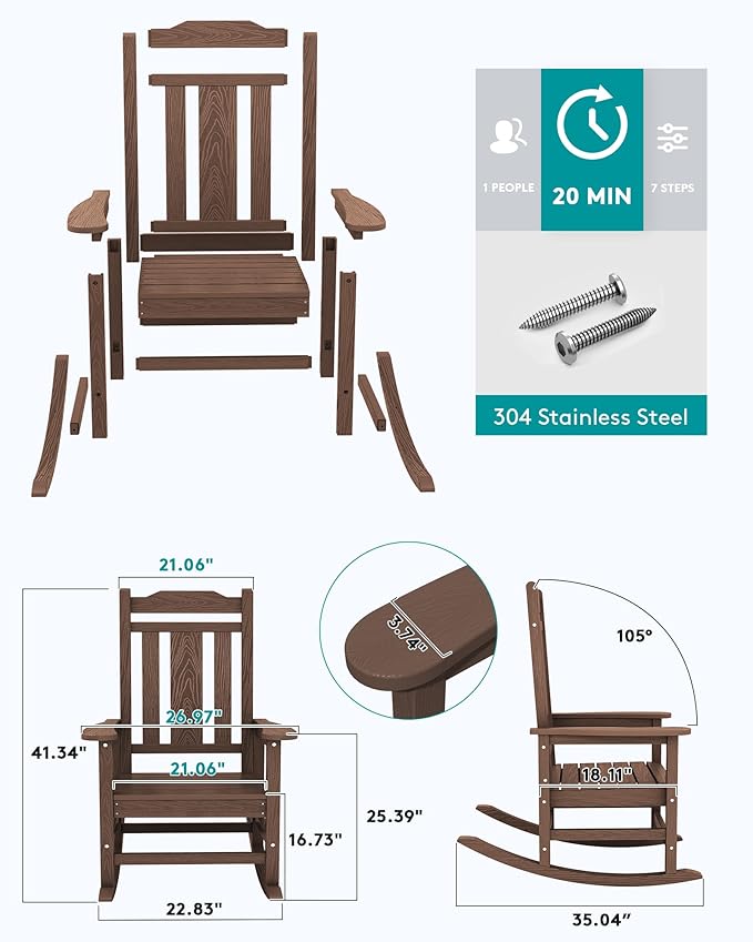 SERWALL Oversized Rocking Chair Set of 4 Outdoor, HDPE Outdoor Rocking Chair Set of 4, Coffee