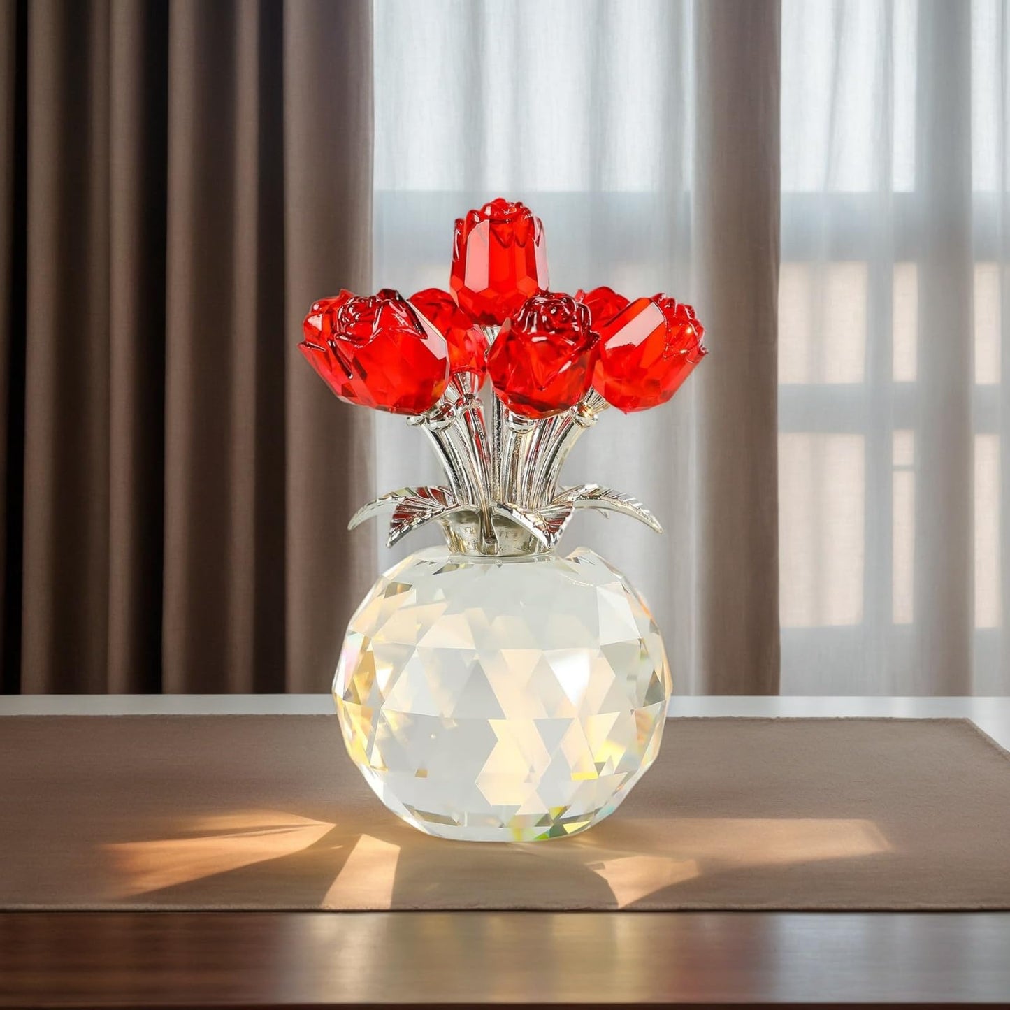 QAZMJUE Handmade Crystal Rose Flower Figurine - Elegant Red Glass Rose Bouquet for Wife, Mom, Women, Anniversary, Birthday, Wedding, Christmas, Home Decor Gift