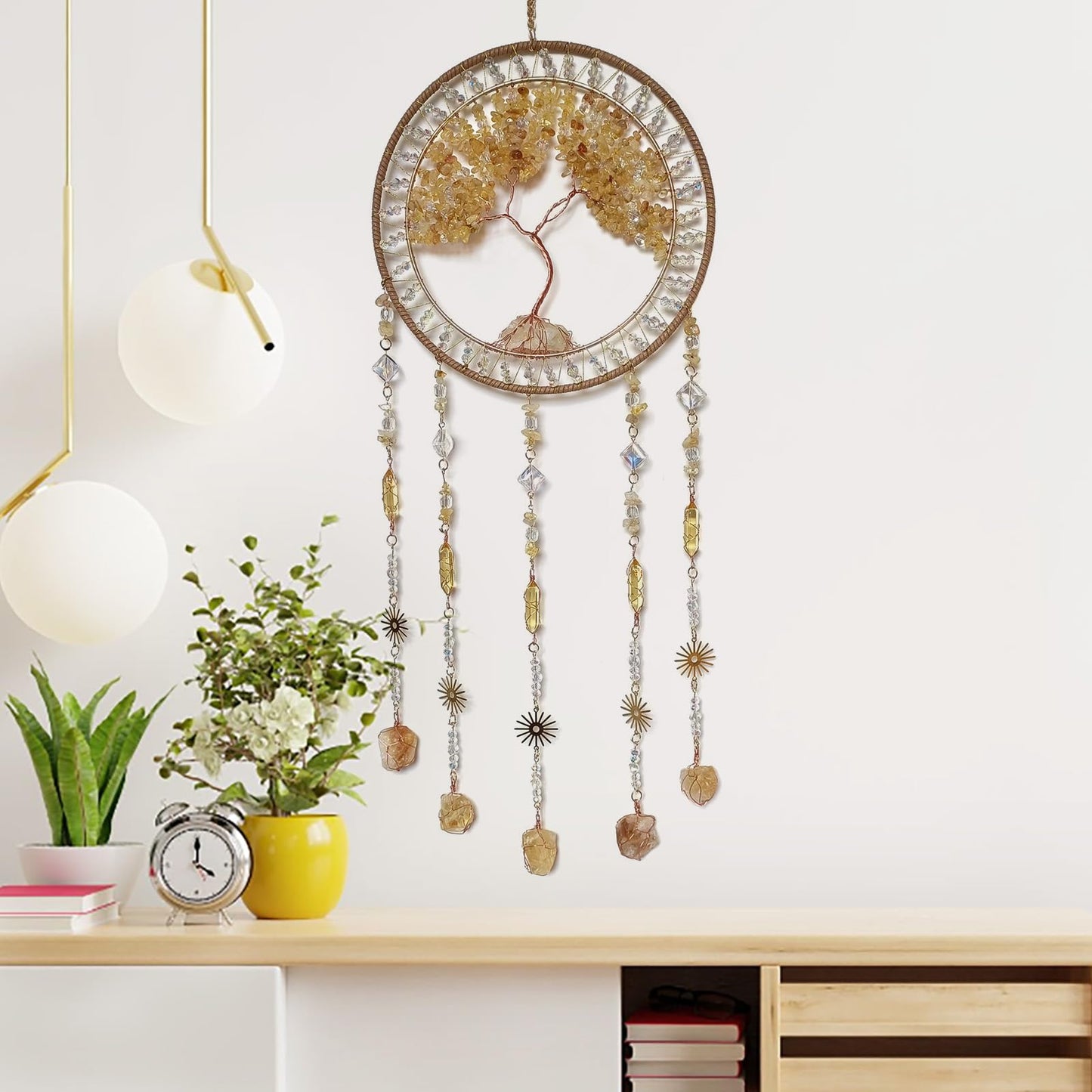 RAGKUU Crystal Tree of Life Dream Catchers with Stone Pendant Yellow Dream Catcher Wall Decor Handmade Dreamcatcher Wall Hanging Ornament for Bedroom Living Room Home Decor