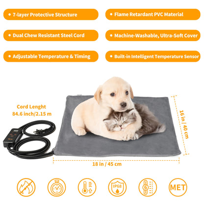 Toozey Cat Heat Pad Electric 45 * 40 cm, 4 Adjustable Timer & 6 Adjustable Temperature, Safe Pet Heating Pad Mat with Crystal Velvet Cover, Waterproof, Ideal for Whelping/Puppy/Dogs and Cats, S