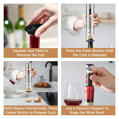 Electric Wine Opener - 5 Piece Set with Storage Base,Foil Cutter,Aerating Pourer & Vacuum Stoppers | USB-C Rechargeable | 40+ Opens Per Charge | Wine Opener Gift for Wine Lovers