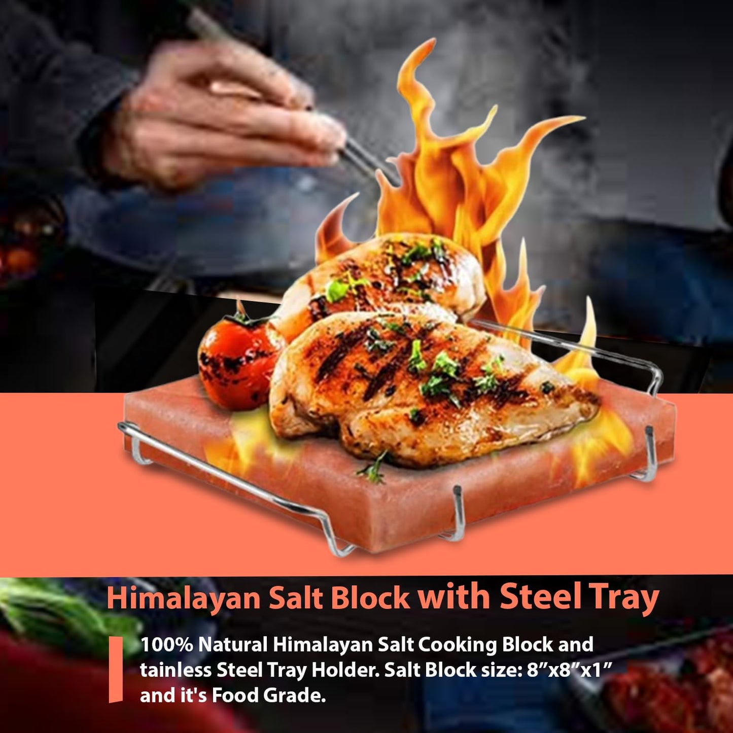 ZK Himalayan Salt Cooking Block 8"x8"x1” Plate with Steel Tray Holder- Food Grade Rock Salt for Grilling, Cutting, and Serving, Salt Slab a Unique Gift for Men, Women, Chefs & Cooks