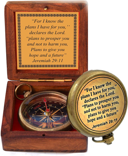 I Know The Plans I Have for You Engraved Compass with Wooden Box, Jeremiah 29 11 - Christian & Catholic Gifts for Men, Women & Graduation