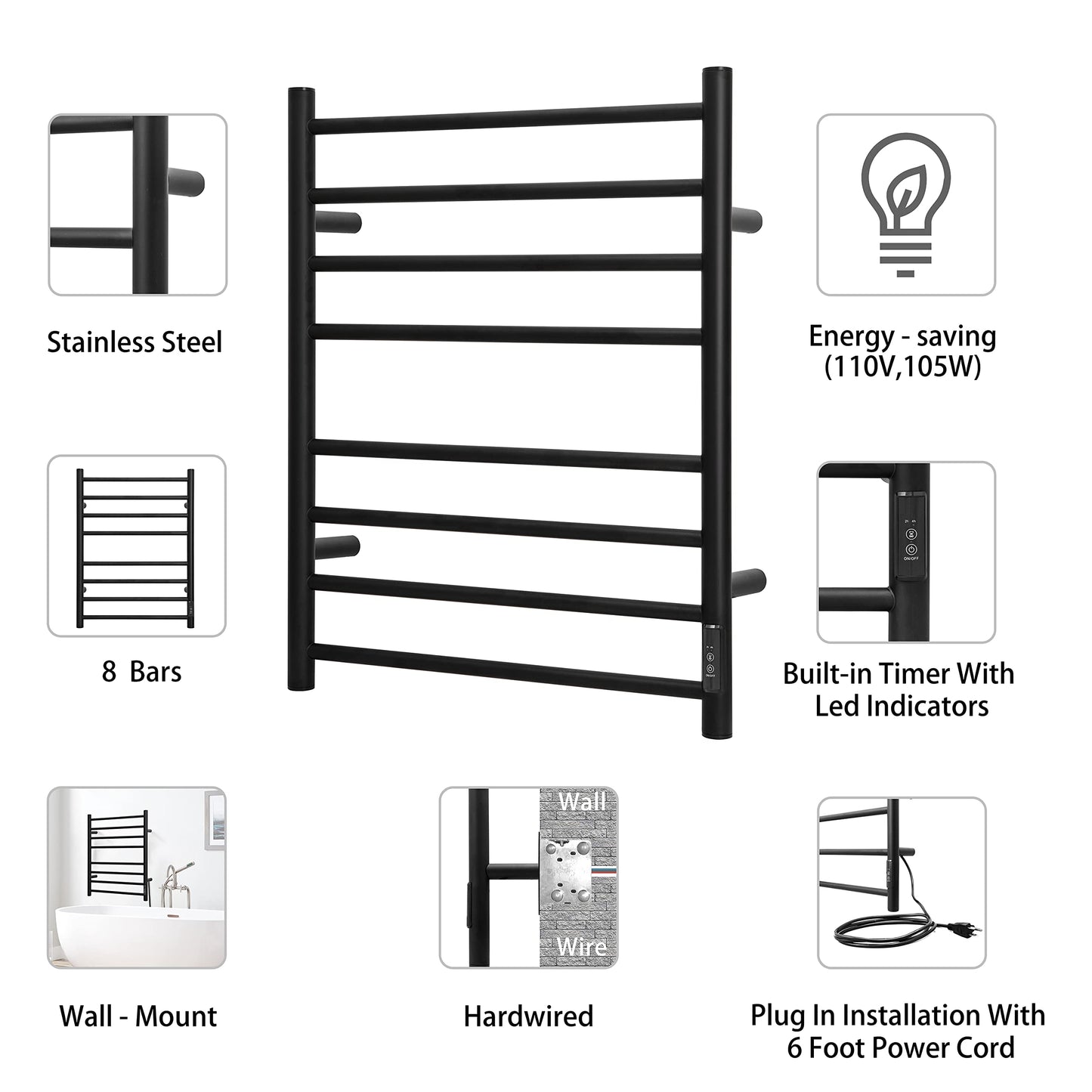 KEG Towel Warmer 8 Bars for Bathroom Freestanding or Wall Mounted Bath Towel Heater Plug-in with Built-in Timer Silver