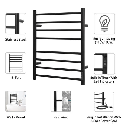 KEG Towel Warmer 8 Bars for Bathroom Freestanding or Wall Mounted Bath Towel Heater Plug-in with Built-in Timer Silver