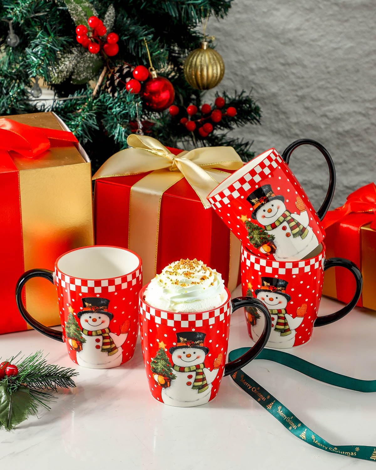 HASENSE Coffee Mugs, 15 OZ Coffee Cups Ceramic Set of 4 with Handle and Snowman Patterns for Man Woman, Colorful Christmas Porcelain Coffee Cups Set for Tea, Cocoa, Milk, Latte and Cappuccino