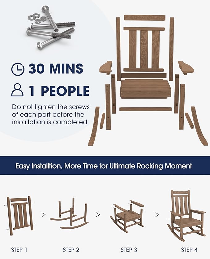 KINGYES Oversized Outdoor Rocking Chair, All-Weather Patio Rocking Chairs for Porch, HDPE Outdoor Patio Rockers with High Back & Wide Seat for Garden, Lawn, Brown