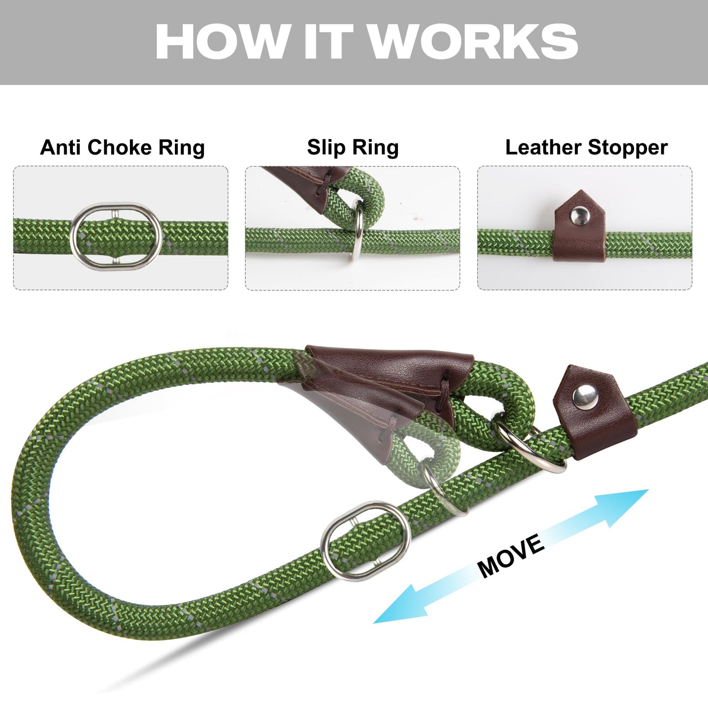 Fida Slip Rope Dog Lead | 1.8m, One-Size-Fits-All, Slip-On Rope Leash. Easy to Slip On, No Collar or Harness Needed. Durable & Weather Resistant Climbers Rope with Reflective Stitching (Green)