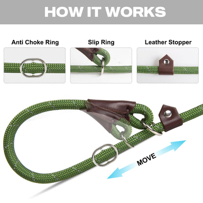 Fida Slip Rope Dog Lead | 1.8m, One-Size-Fits-All, Slip-On Rope Leash. Easy to Slip On, No Collar or Harness Needed. Durable & Weather Resistant Climbers Rope with Reflective Stitching (Green)