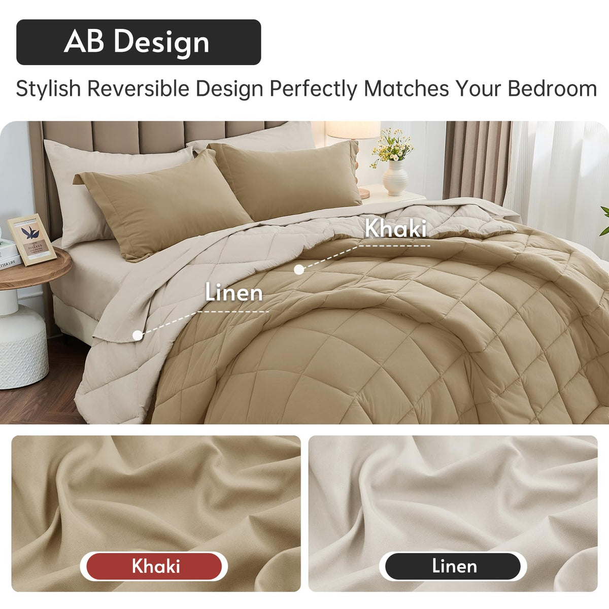 MUXHOMO 7 Pieces Queen Comforter Set, Reversible Bed in a Bag Queen Size, All Season Bedding Set with Comforter, Flat Sheet, Fitted Sheet, Pillowcases & Shams, Khaki & Linen